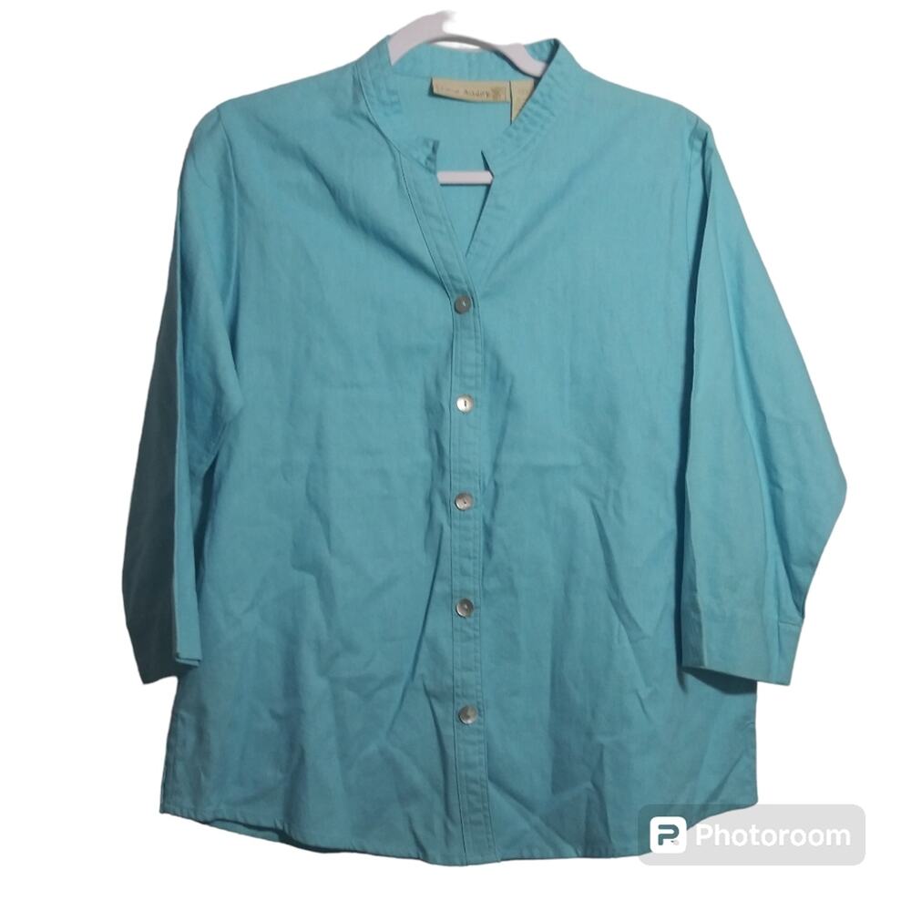 Jane Ashley Blue Linen Button Front Top 3/4 Sleeves Casual Size Small